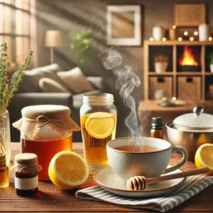 a cozy and warm home setting featuring natural remedies for dry cough. on a wooden table there are a jar of honey a fresh lemon a steaming cup of