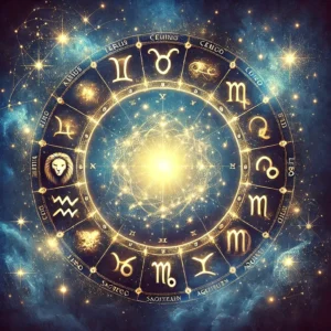 A mystical and artistic depiction of the zodiac signs arranged in a circular format. The background is deep blue, with shimmering golden constellation